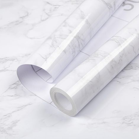 Rouleau de papier peint autocollant pour meubles de cuisine, revêtement mural et mural, imperméable, aspect marbre blanc décoratif, 40 x 200 cm. (1/5)
