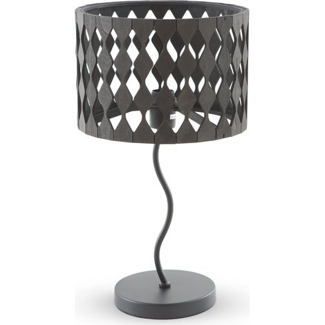 Schwarze Tischleuchte aus Sperrholz mit schwarzem Metallfuß (1/3)