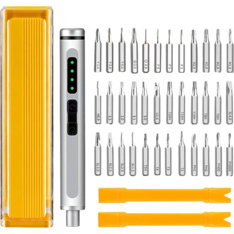 Kit de tournevis électrique pour la réparation électronique DIY avec 41 fonctions, embouts magnétiques, batterie rechargeable et lampe LED.