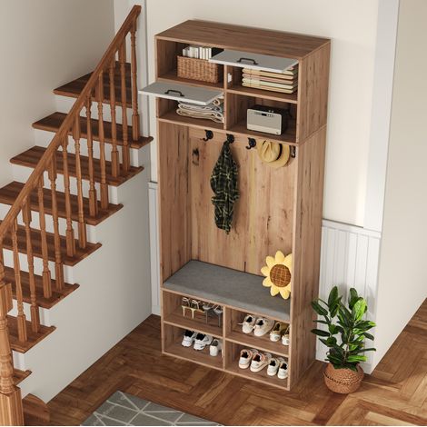 Mueble de entrada 80x35x185 cm blanco y madera natural con almacenaje (1/5)
