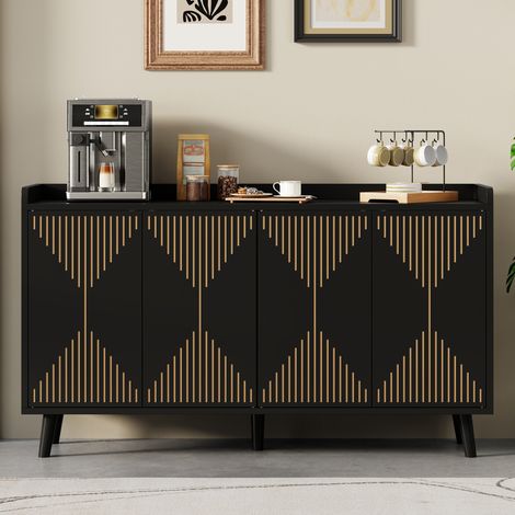 Buffet de cuisine, 4 portes, avec LED, en MDF, noir, 140 x 40 x 84 cm (1/4)