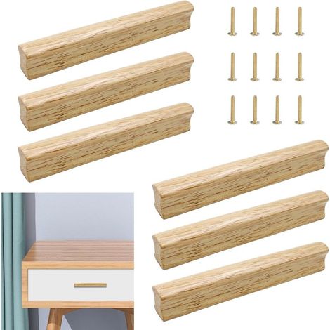 Lot de 6 poignées de meuble en bois 128mm – Poignées en bois naturel pour tiroirs et armoires – Installation facile avec vis incluses (1/5)