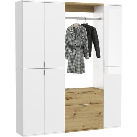 Armario de almacenamiento 6 puertas, 4 cajones y 1 armario ropero - Blanco y roble - BODITE