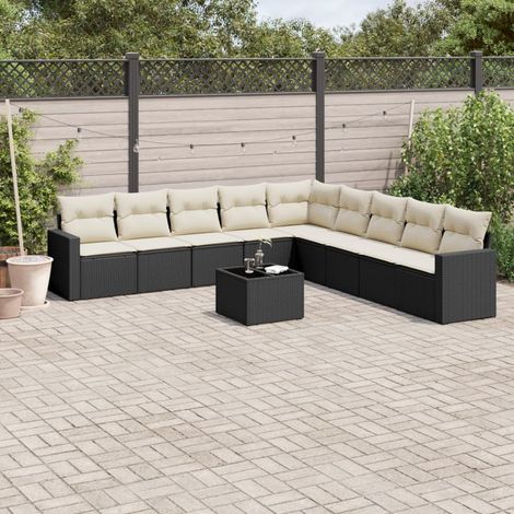 Salon de jardin 10 pièces en résine tressée noire avec rangements et coussins blanc crème - PANGIVO (1/3)