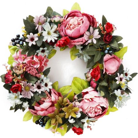Guirlande Florale Artificielle - 40 cm - Base en Raisin - Fleur de Pivoine - Pour Porte d'Entrée Mur ou Décoration Intérieure Extérieure - 1 Pièce (1/5)