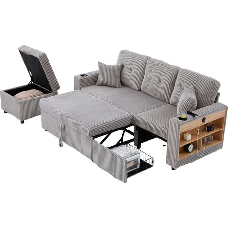 Divano letto in velluto a coste con contenitore, USB-C e luci LED, grigio chiaro (1/5)