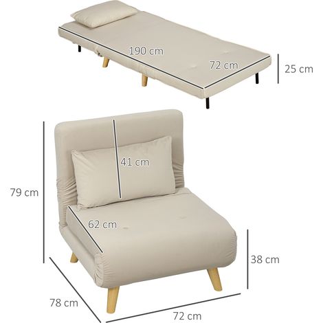 Fauteuil-lit pliant avec fonction lit, coussin décoratif inclus, relaxeur convertible à dossier réglable, aspect velours, pour salon, beige (1/5)