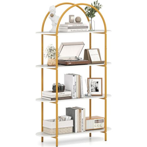 Design arqué, bibliothèque 4 niveaux, étagère ouverte avec cadre métallique, rangement pour salon ou bureau (1/5)