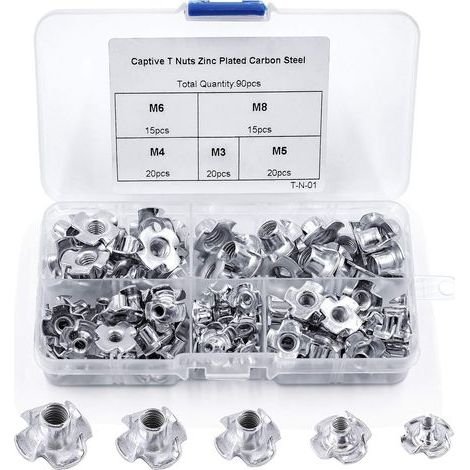 Écrou pour meubles en bois - 4 griffes - Insert en T en acier au carbone - M3/M4/M5/M6/M8 - 90 pièces (1/5)