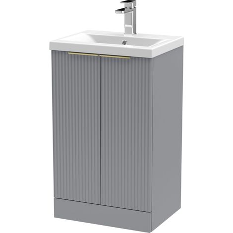 Fluted Front Floor Standing 2 Soft Close Door Bathroom Vanity Unit with 1 Tap Hole Basin, 500mm, Grey, Brushed Brass Handles (1/5)
