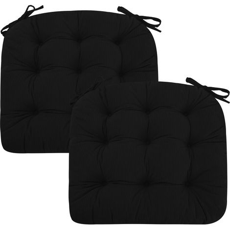 Lot de 2 coussins de chaise - 50 x 50 x 7 cm - Noir - Coussins d'assise confortables en tissu côtelé et velours cristal avec liens - Idéal pour salle à manger, bureau, salon et chaises (1/5)