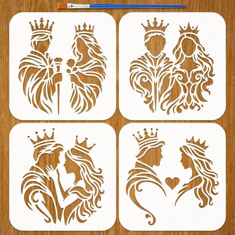 4 Pcs Pochoirs de Peinture Roi et Reine avec Pinceau 15x15cm Gabarit de Dessin Silhouette Roi Reine Réutilisable Pochoir Coeur Fleur Gabarit de Thème de Personnage pour Peinture sur Bois (1/5)