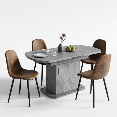 FurnitureR 5-Piece Dining Set, 110-130CM Grey Extendable Rectangular Table & 4 Brown Suede Chairs (1/5)