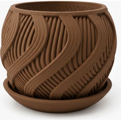 Pot de fleurs marron ondulé avec une soucoupe décorative moderne (1/3)
