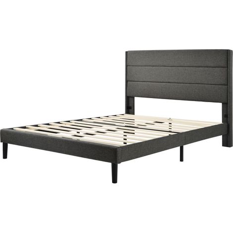 Cadre de lit double adulte, lit capitonné 140 x 200 cm, tissu lin gris foncé, design moderne (1/5)