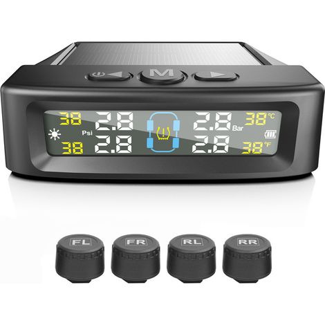 Sistema TPMS con 4 sensori, caricabatterie solare/USB, display LCD a colori, 6 allarmi, accensione/spegnimento automatico e avviso vocale (0-87 PSI)
