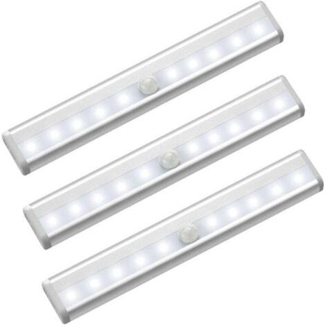 Lot de 3 lumières LED avec détecteur de mouvement pour armoire, 10 spots LED sans fil, lumières LED pour armoire, éclairage LED alimenté par batterie avec bandes magnétiques, veilleuse pour enfants, e