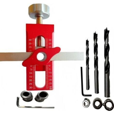 Gabarit d'installation de porte d'armoire, outil de montage 2 en 1 en alliage d'aluminium avec positionneur réglable, pour la plupart des portes d'armoire avec 3 forets (rouge) (1/4)