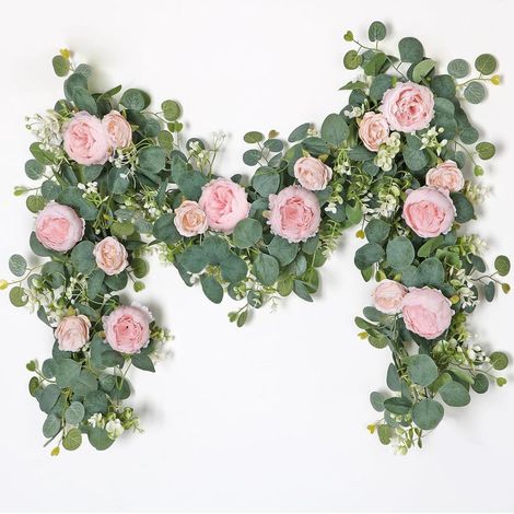 Branche d'eucalyptus - Guirlande de fleurs artificielles faite main avec pivoines et roses - 4 pièces - Décoration rose pour mariage et boutique (1/5)
