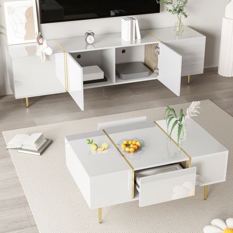 Mueble salón blanco brillo con mesa a juego HAVRYA (1/5)