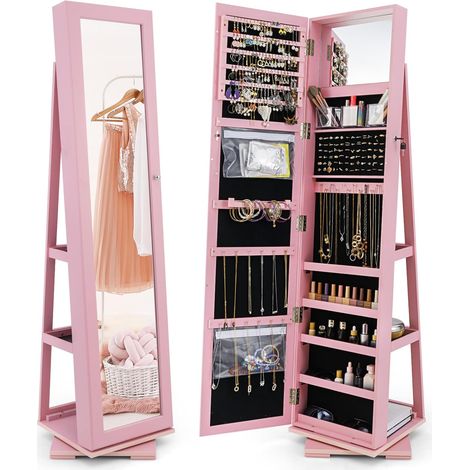 COSTWAY Armadietto Portagioielli Autoportante Girevole con Specchio, Specchio a Figura Intera Organizzatore per Gioielli, Porta Richiudibile a Chiavi (39 x 39 x 161 cm,Rosa) (1/5)