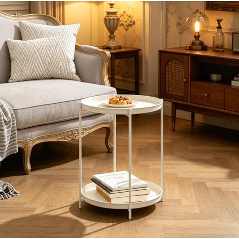 Tavolino rotondo 44x44x53 cm bianco crema in metallo con 2 ripiani rimovibili (1/5)