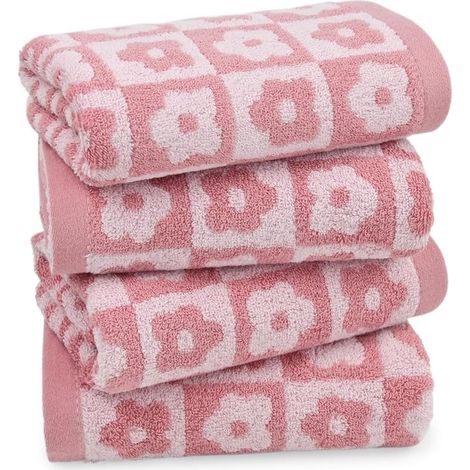Lot de 4 serviettes en coton à séchage rapide - Motif fleurs à carreaux roses - Pour salle de bain et cuisine - Serviette de toilette (1/5)
