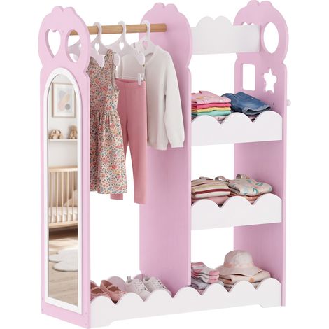 AIYAPLAY Kids Wardrobe, Children Dress Up Storage with Mirror, Shelves, Pink (1/5)