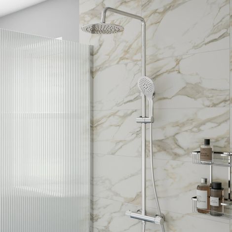 Fluted Thermostatic Mixer Shower Round Dual Head Riser Rail Handset Valve Chrome (1/5)