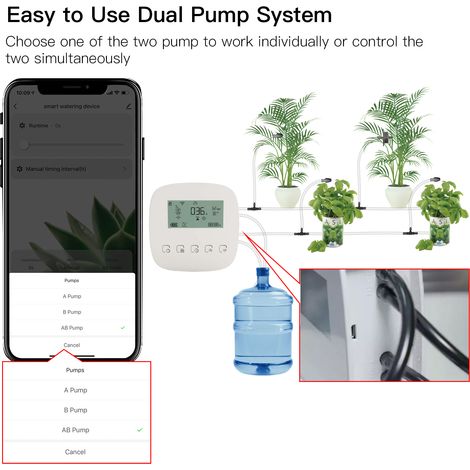 Système d'irrigation automatique Appareil intelligent Double pompe Contrôle WiFi/Vocal/Manuel Programmable Batterie intégrée Chargement USB Compatible avec Alexa Maison pour le bureau et l'hôtel. (1/4)