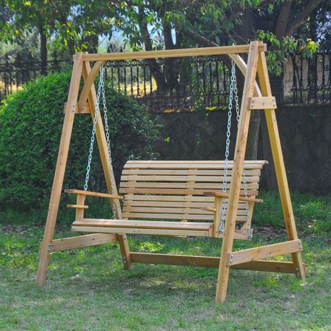 Balancelle de jardin deux places, dimensions 1,8 m (L) x 1,2 m (l) x 1,85 m (H), avec accoudoirs, supports et panneaux de verre. Fabriquée en bois de mélèze pré-huilé. (1/5)