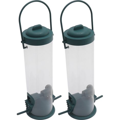Lot de 2 mangeoires tubulaires transparentes en plastique pour oiseaux, à suspendre, pour pinsons, décoration de jardin, avec 2 évents et 2 ports. (1/5)