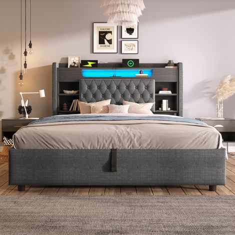 Lit coffre hydraulique 140x200 cm, tête de lit à étagères, LED multicolore, 3 USB et USB-C, sommier inclus, sans matelas, lin gris (1/5)