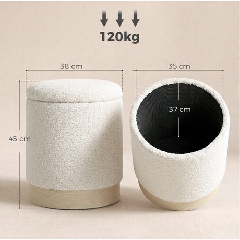 Pouf coffre rond 38x38x45 cm en polyester crème, assise 3-en-1 pour petits espaces – MEUBLIV (1/5)