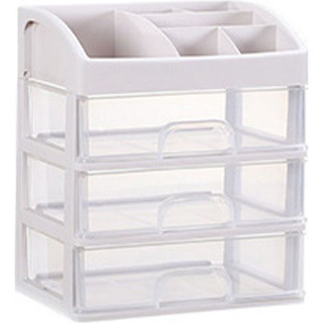 Organiseur de bureau à 3 tiroirs, en plastique transparent, idéal pour le bureau, la papeterie, le maquillage ou la salle de bain, blanc. (1/5)