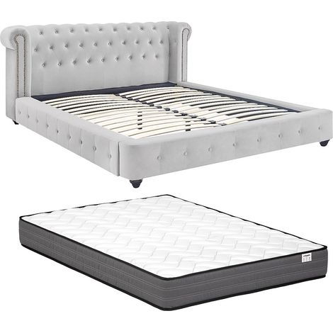 Lit chesterfield 160 x 200 cm - Velours - Gris clair + Matelas - TONGERLA