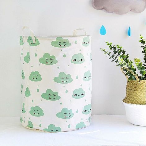 Kids Toy Storage Basket, Large Foldable Laundry Basket Cotton Storage Box with Handle - Green Clouds, White (1/5)