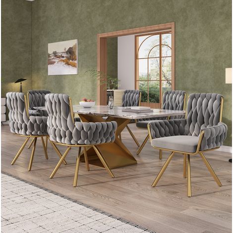 Drehbarer Esszimmerstuhl aus grauem Samt, 6er Set, Metallgestell, 150 kg,63×50×87cm (1/5)