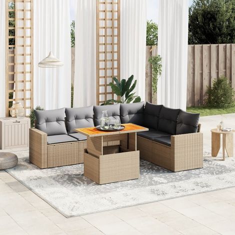 Salon de jardin modulable 7 pièces en résine tressée beige avec coussins amovibles et table réglable pour extérieur (1/3)