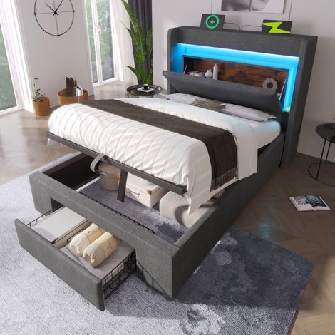 Cama tapizada 90x200 con almacenaje LED USB gris OKMYHOME (1/5)