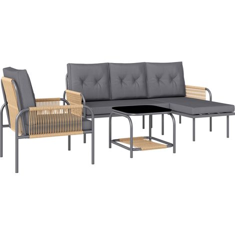 4-teiliges Gartenmöbelset aus Rattan: 2-Sitzer-Sofa, Sessel, Chaiselongue mit waschbaren Kissen und Couchtisch aus Glas, dunkelgrau.