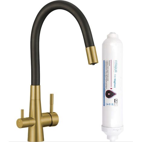 Rubinetto cucina con filtro acqua e bocca flessibile – 2 leve oro spazzolato e nero (1/2)