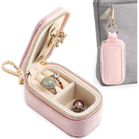 Mini boîte à bijoux de voyage en velours avec porte-bague et porte-clés, organisateur de bijoux portable pour boucles d'oreilles et colliers, coffret de rangement compact pour cadeau de mariage pour f (1/5)