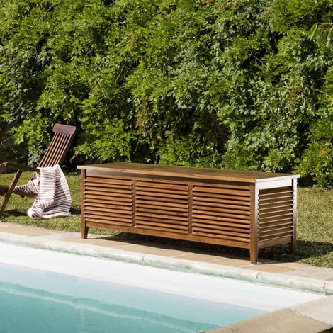 MAEVA - Coffre de jardin piscine en bois teck huilé 200x55cm (1/5)
