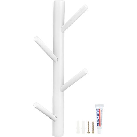 Wandgarderobe, Handtuchhalter und Hutablage in Astform zur Montage ohne Bohren für das Wohnzimmer (Weiß, 4 Haken) - Crezuo
