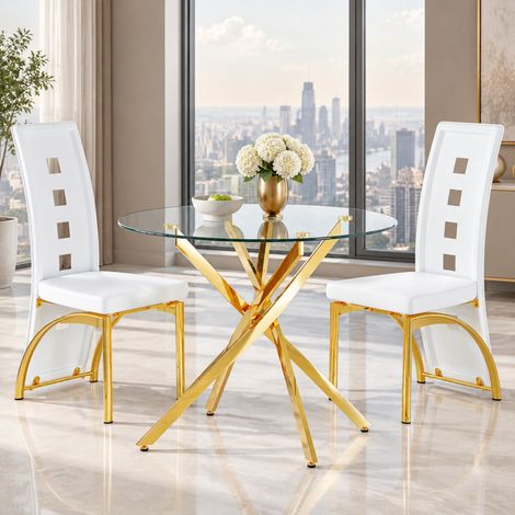 Set tavolo da pranzo 88 cm in vetro temperato trasparente con 2 sedie – MEUBLIV (1/5)