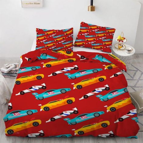 Kinderbettwäsche 135x200 cm 4-teilig mit Rennwagen Motiv, 100% Mikrofaser, Wendebettwäsche mit Reißverschluss