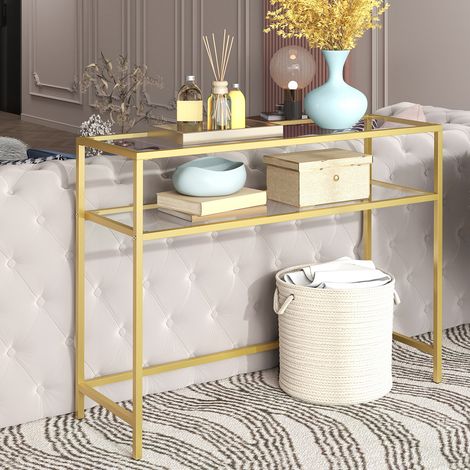 Table Console, Dessus de Table en Verre Trempé, Cadre Métallique, 2 Niveaux, Pieds Réglables, pour Salon, Entrée, Couloir, Doré et Transparent