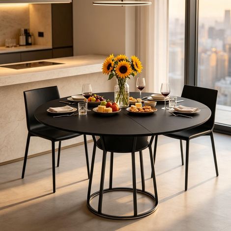 Table ronde 120 cm – assemblage 4 panneaux – rangement intégré – structure métal renforcée – 6 places – 75 kg – noire (1/5)