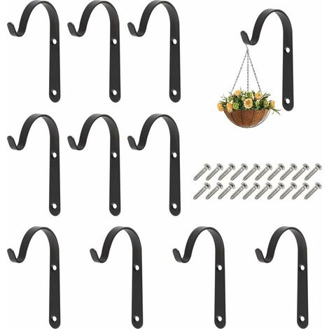 10 crochets noirs pour plantes, supports muraux pour plantes, supports pour paniers avec vis pour lanterne de jardin, portail, carillon éolien, nichoir (74.2)